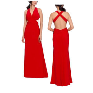 Xscape Cross Back Cut-Out Fit Long Gown Red V-Neck Sleeveless Formal Size 6